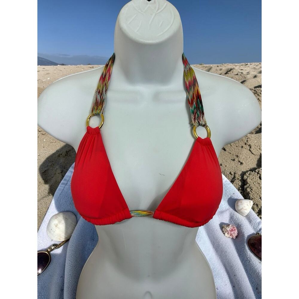 Bikini Triangle Top Sz L 40 EUR Boho Coral Gold Rings Colorful Straps Swim Top